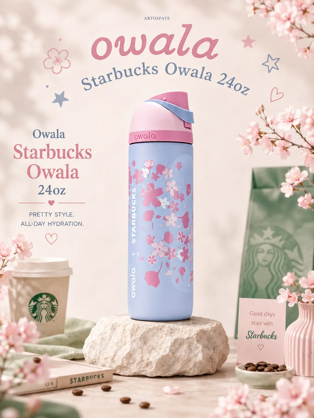 Cherry Blossom Aesthetic Bottle | Starbucks Owala Sakura 24oz FreeSip Insulated Stainless Steel Water Bottle for Work, Travel, School & Daily Hydration