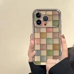 Morandi Checkerboard Glitter Phone Case, Electroplated Edge Soft Silicone Cover with Camera Protection, Shockproof Full-Body Protective Case for iPhone X to iPhone 17 Pro Max