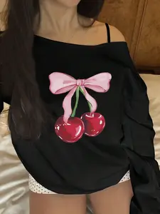 Women's Y2K Style Off-Shoulder Long Sleeve Fitted T-Shirt, Cherry Print with Bow Design, Adjustable Straps, Perfect for Spring & Fall, Top