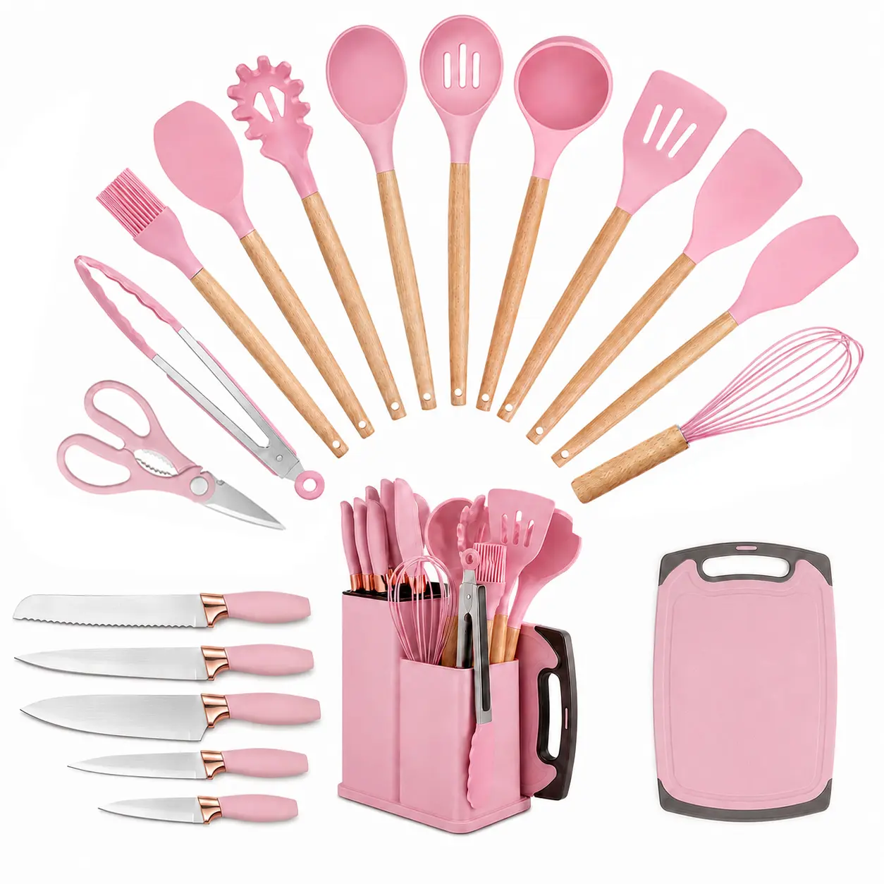 PRASKY 19Pcs Kitchen Knife Set with Wooden Handles – Complete Knife Block Set with Silicone Kitchen Tools, Fish Knife, Cutting Board & Holder – Pink Sturdy Kitchen Knife Set for Apartment & New Home, BPA-Free Multi-Functional Knife Set