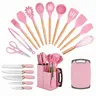 PRASKY 19Pcs Kitchen Knife Set with Wooden Handles – Complete Knife Block Set with Silicone Kitchen Tools, Fish Knife, Cutting Board & Holder – Pink Sturdy Kitchen Knife Set for Apartment & New Home, BPA-Free Multi-Functional Knife Set techvibes