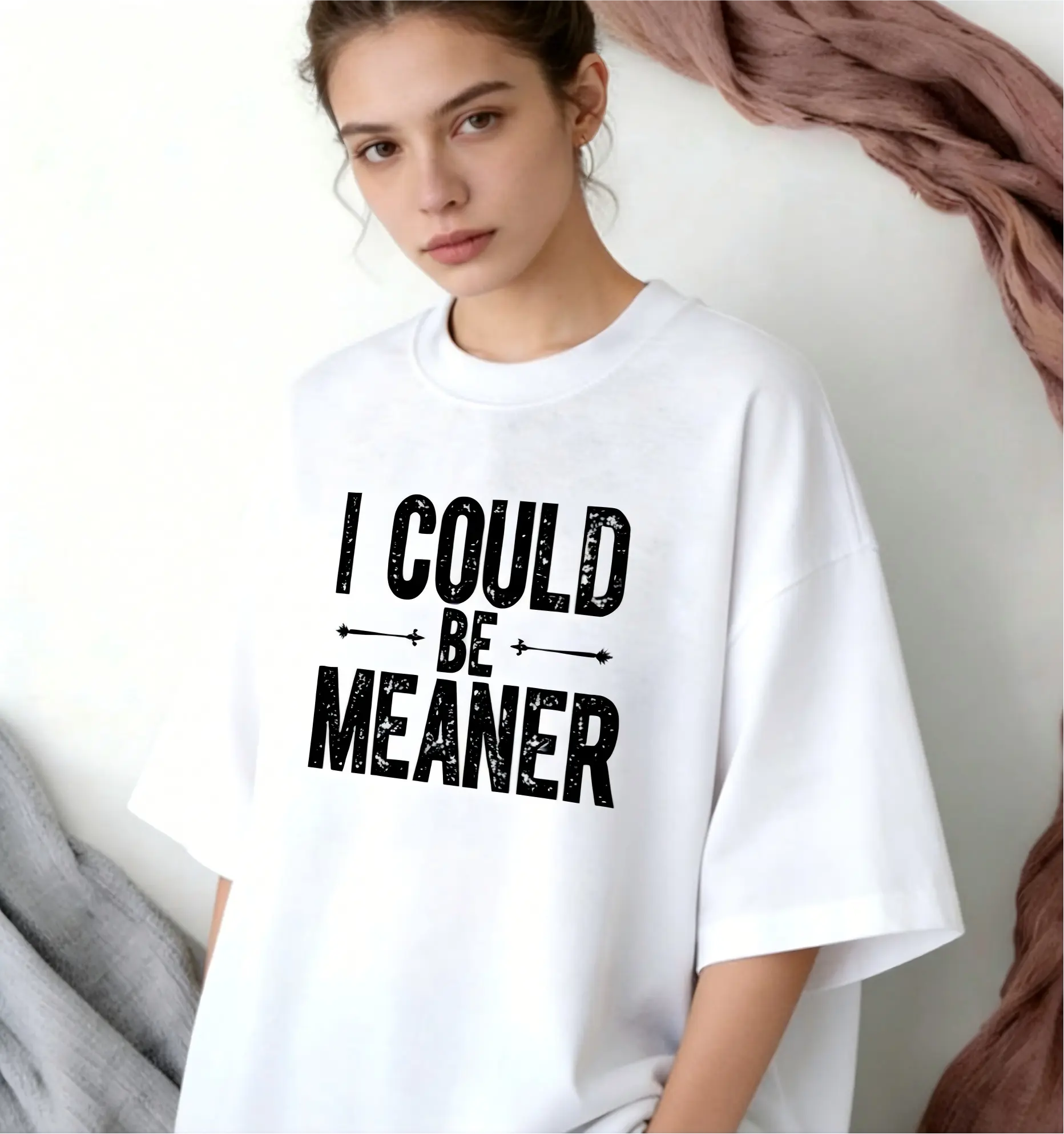 Women's Unisex Cotton Round Neck T-Shirt - Menswear, Streetwear "I Could Be Meaner" Slogan Graphic Top, Casual Fashion Statement Piece, Holiday Gift Idea