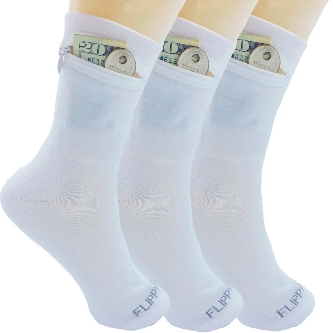Flippysox Zipper Sock Wallet (3 Pack) - Cotton & Polyester Zipper Socks with Pockets - Fits shoe size 6-13 - White