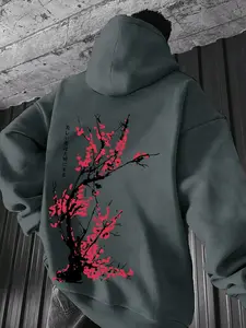 Men's Floral Print Drop Shoulder Hoodie, Fashion Casual Regular Fit Drawstring Pocket Hooded Sweatshirt for Daily Holiday Outdoor Wear, Men Clothes for Fall & Winter