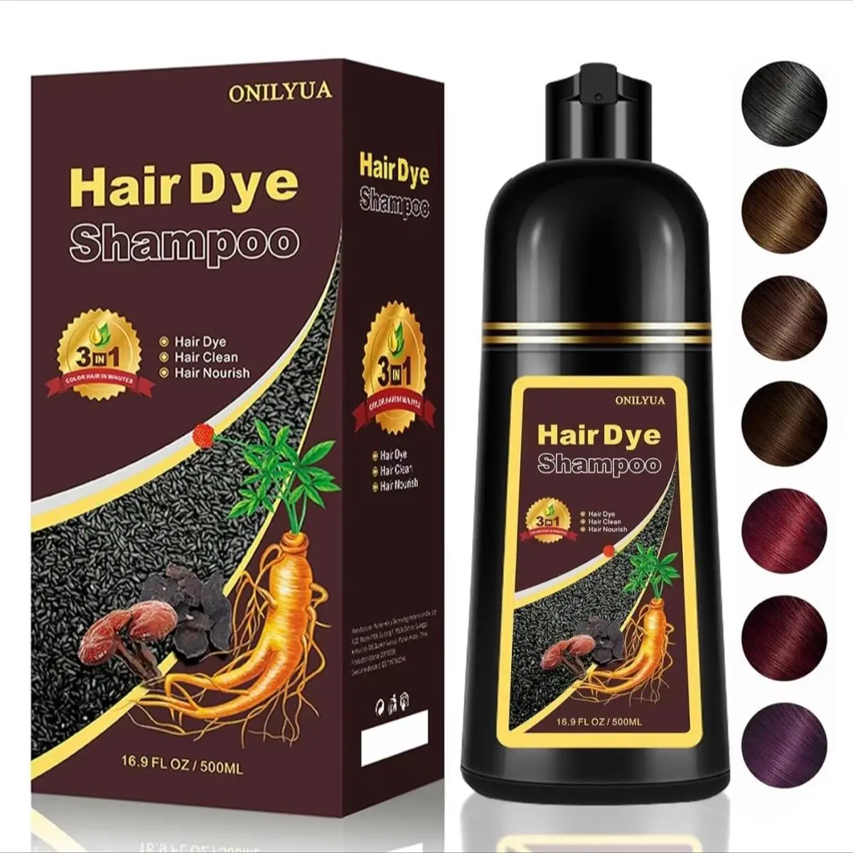 500ml 3-in-1 Natural Herbal Color Shampoo | Semi-Permanent Hair Dye with Ginseng, Polygonum & Ganoderma Extract | Shampoo, Color & Conditioner