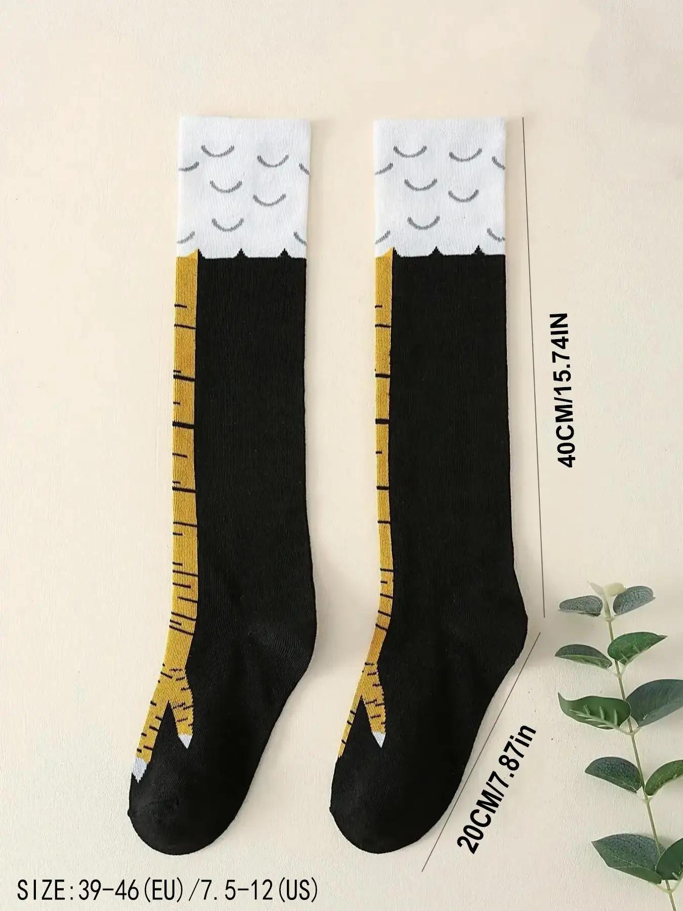 Men's Trendy Cartoon Print Over The Calf Socks, Cute Chicken Feet Design Knit Socks, Comfort Hosiery for Men Indoor Outdoor Wear