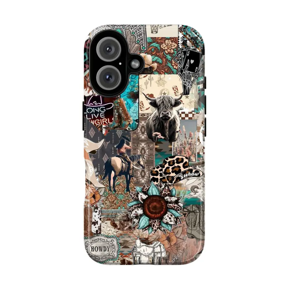 Western Tribal Collage Phone Case, bull skull checkered cow print horse sunset cactus geometric ace card rustic Americana vibes baby girl no bad vibes aesthetic gift play now, iPhone 17 16 15 14 13 12 Pro Max, Samsung Galaxy S25 S24 S23 S22 S21 Ultra