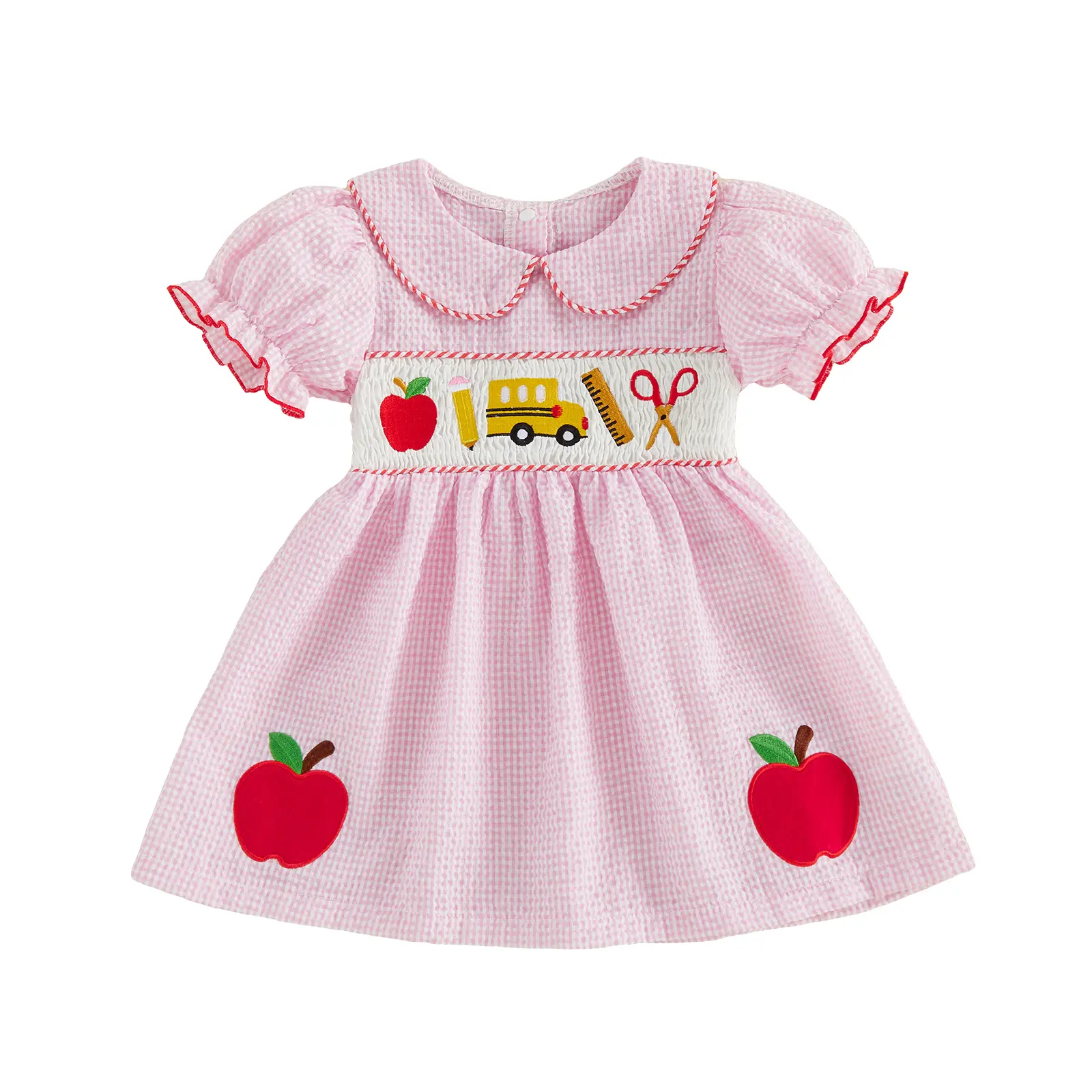 Toddler Baby Girl Back to School Outfit First Day of School Pre K Plaid Smocked Short Sleeve Dress Summer Clothes