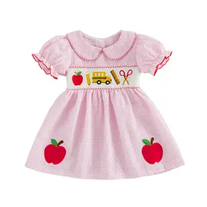 Toddler Baby Girl Back to School Outfit First Day of School Pre K Plaid Smocked Short Sleeve Dress Summer Clothes