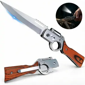 Flipper Pocket Folding Knife with Push Button Lock, Stainless Steel Blade, Wooden Handle & Pocket Clip, LED Light EDC Tactical Knife for Camping, Hiking, Fishing, Survival, Men’s Gift
