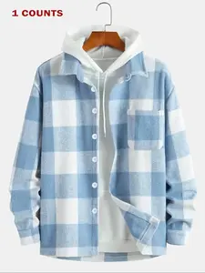 Men's Plaid Print Checked Button Front Collared Jacket Without Hood Loose Casual Drop Shoulder Long Sleeve Collar Outerwear Fall Winter Clothes Daily Wear Menswear 2026 Breathable Soft Warm Lightweight Trendy Home Outdoor Streetwear Hip Hop