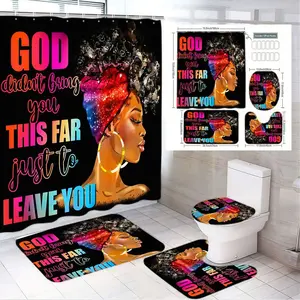 1/4pcs Afro Woman Black Shower Curtain Set with Toilet Lid Cover & 2 Bath Mats - 'GOD didn't bring you THIS FAR just to LEAVE YOU' Quote, Gold Hoop Earrings Design - Perfect for Bathroom Decoration Accessories, Bathroom Supplies