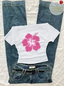 Women's Off-Shoulder Fashion Top, Floral Lotus Flower Print Vintage Style, Perfect for Beach Party and Summer Vacation
