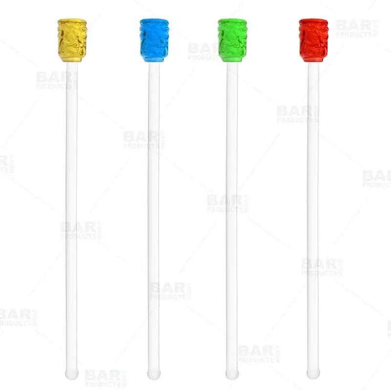 4-Piece Tiki Glass Stirrers Set - 8-In Blown Glass Extra Long Reusable Bar Utensils, Tropical Design, Hand Wash Safe for Cocktail Serving Guests
