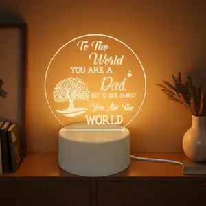 Dad Round Acrylic Night Light, "To The World You Are A Dad" Quote LED Lamp with Family Tree Design, USB Powered Warm Glow Decorative Light, Sentimental Gift for Dad, Father's Day, Birthday, Bedroom Home Decor, Gifts For The Bedroom