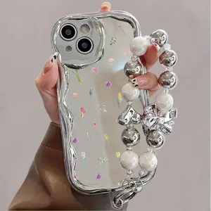 Silver Electroplated Curved Edge Pattern Phone Case with Pearl Bracelet Lanyard Design, Drop-Resistant, Durable, Unique Pattern, Compatible with iPhone 16 15 14 13 12 11 Pro Promax 16 15 14 plus Cute Fashion Thick Shockproof Phone Case