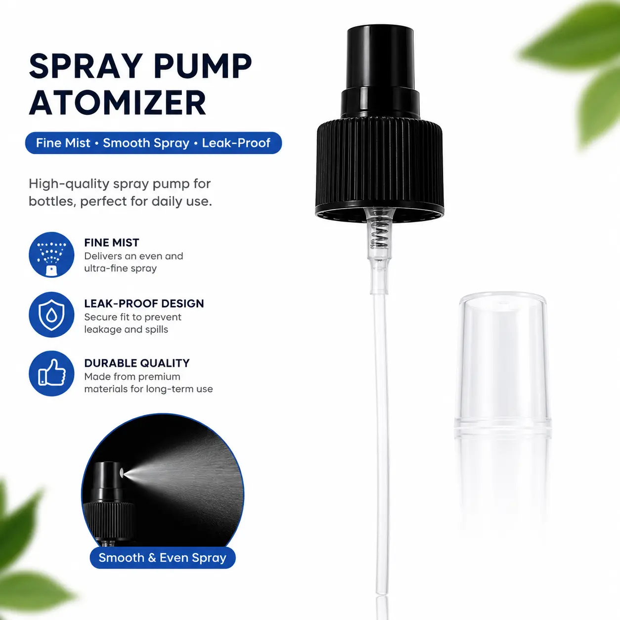 5-Fine Mist Spray Pump Dispenser with Dip Tube & Protective Cap, Black Ribbed Replacement Pump Head for Bottles, Personal Care & Cosmetic Containers