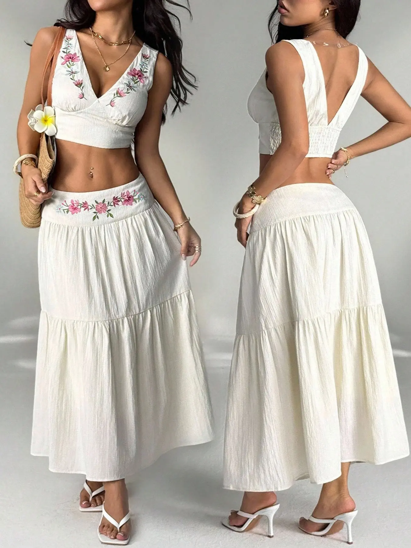 Women's Summer Sleeveless Skirt Set, Low Waist High-End Bohemian Embroidered Dress, Elegant Vacation, Perfect for Shopping and Leisure, Embroidery
