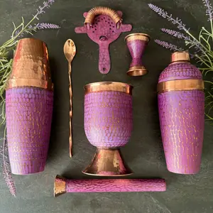 Mexican Handmade Copper 7-Piece Barware & Bar Tools Set- Lavender Set Shaker Utensils Cocktails Cup