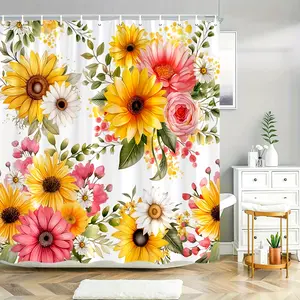 1PC Vibrant Watercolor Floral Shower Curtain - Sunflowers, Daisies, Roses in Yellow, Pink, White & Green - Polyester, Washable, Easy Hang with Hooks - Ideal for Bathroom Decor, Bathroom Decor | Floral Pattern | Polyester Fabric, Flower Decor