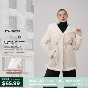 PUFFIT STM-TEX Faux Fur Lining Mid Length Rain Coat,Adjustable Waist Design,Oversized Eco-Friendly Fleece Hood,Offering Warmth, Comfort, And An Elegant, Premium Feel,Beauty And Warmth For Both Style