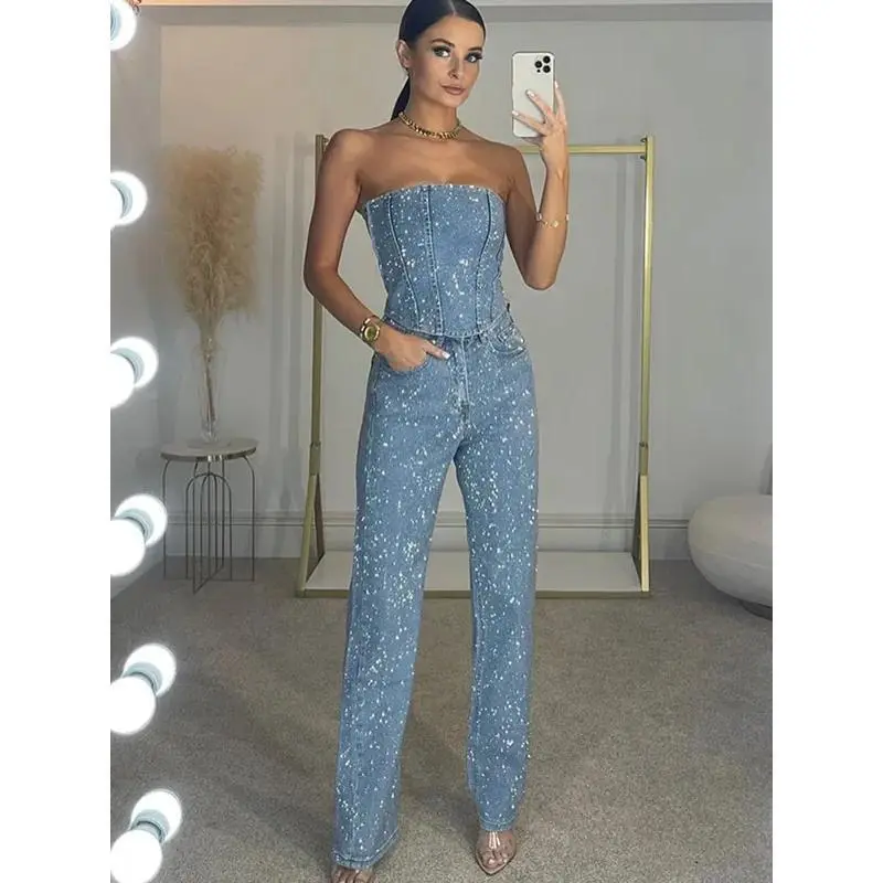 (New) Women's 2-Piece Denim Set - Sleeveless Diamond Vest, Tube Bodysuit, High-Waist Pocket Jeans - 2025 Spring Summer Sports & Outdoor Clothing, Denim Two Piece Set