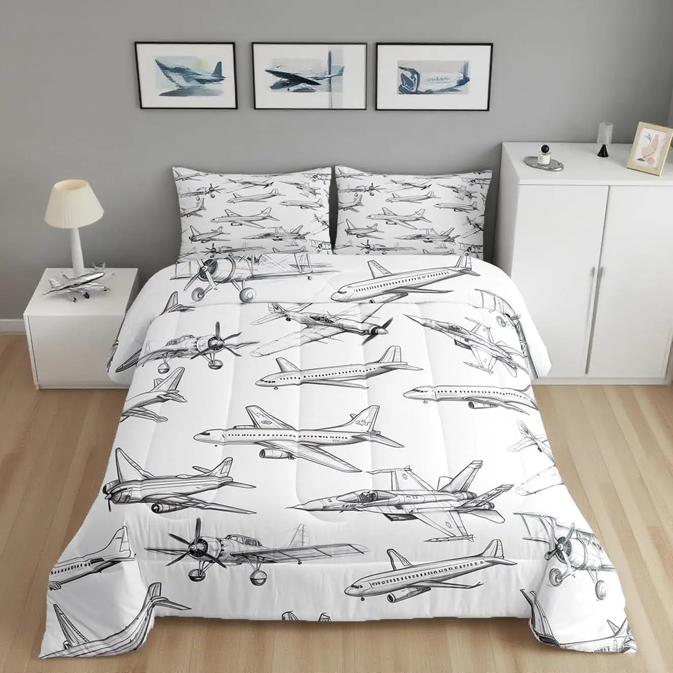 Airplane Comforter Set,Aircraft Bedding Set for Kids Girls Boys Teens Bedroom Decor Black White Sketch Print Quilt Set,Flying Theme Duvet Insert