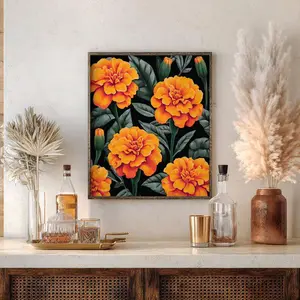 Folklorico Marigold Fall Floral Art Print – Colorful Mexican Folk Art, Floral Wall Decor, Cempasúchil Botanical Poster, Nature Lover Gift