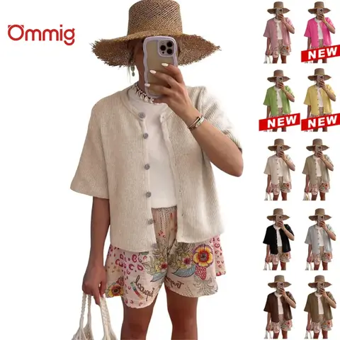 Ommig Women's Minimalist Basic Short Sleeve Crew Neck Ribbed Knit Button-Down Cardigan, Lightweight Breathable Flattering Fit Top for Business Casual Outfits, Office Travel Layering Cover-Up #SpringStatements,summerwins