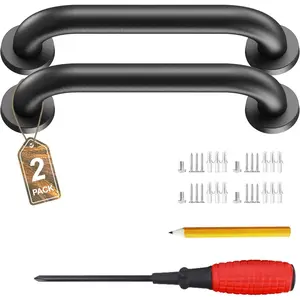 12" Stair Handrail Wall-Mounted Safety Grab Bar for Indoor & Outdoor Steps Rustic Pipe Design Black 2 Sets