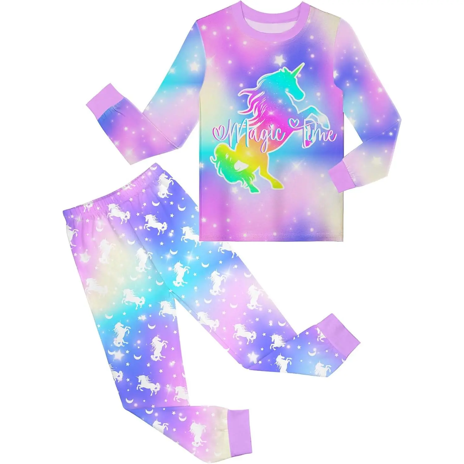 Girls' Rainbow Unicorn Pajama Set, Soft Casual Polyester 2-Piece Long Sleeve Sleepwear with Elastic Waist Pants for Kids, Christmas Gift, Soft Casual Pajamas, Thanksgiving, Stylish Rainbow Unicorn Pattern, Soft And Cozy