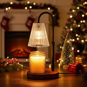 Adjustable Candle Warmer Lamp with Timer - Clear Shade + Walnut Wooden Color Base - Electric Light Wax Warming Dimmable Flameless Top Melter Heater for Melting Heating Small Jar Candles Christmas Gifts Candle Holder