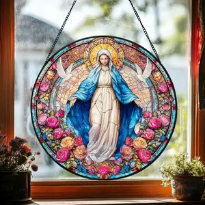 Our Lady Grace Faux Stained Suncatcher, Virgin Mary Stained Glass Catholic Window Gift, Virgin Mary Window Hanging Ornament, Christian Religious Home Decor, Beautiful Faith-Inspired Gift for Believers