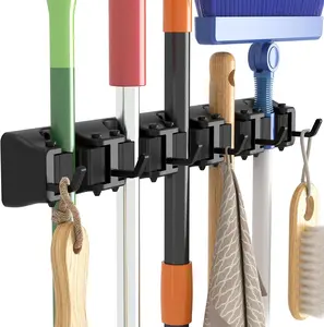 Lifewit Mop and Broom Holder Wall Mount, Anti-Slip Broom Hanger for Cleaning Supplies Organizer, Easy Install Tool Hanging Rack for Closet, Kitchen, Garage, 5 Slot 6 Hooks, Hold 30lbs, Black, 1 Pack