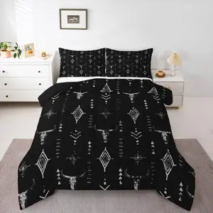 Bull Skull Comforter Set,Western Bedding Set,Bohemian Ethnic Cow Head Comforter,Black Silver Room Decor Geometric Aesthetic Art Duvet Quilt, Bedroom Bedding Set, Boho Bed Set