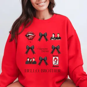 Vampire Diaries Sweatshirt, TVD Sweatshirt, Hello Brother, TVD Gift, Black Coquette Bows, Salvatore Brothers, Vampire Diaries Gift, Vampire Diaries Crewneck Merch, Damon Salvatore, Stefan Salvatore, Elena Printed Sweaters Sweatshirt, Hoodie, Comfort Color