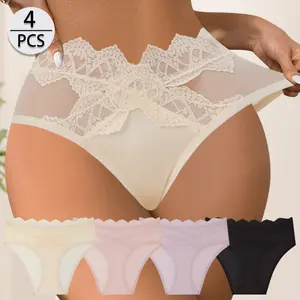 QUASTI 4PCS Sexy Lace Set Underwear for Women, Oil Gloss Cloth Silky Material Panties, Solid Color Delicate Floral Pattern Breathable Soft Strech Soft Strech Briefs Womenswear, Skin Friendly Everyday Comfort Wear Set, S-XXL