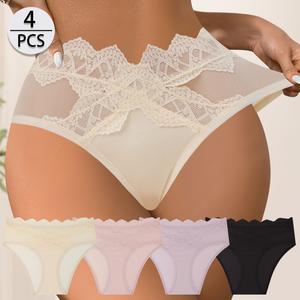 QUASTI Women's 4PCS Sexy Lace Underwear Set - Glossy Oil Cloth Silky Fabric, Solid Color Delicate Floral Pattern, Breathable Elastic Fit Panty, Skin-Friendly Everyday Comfort Wear, S-XXL