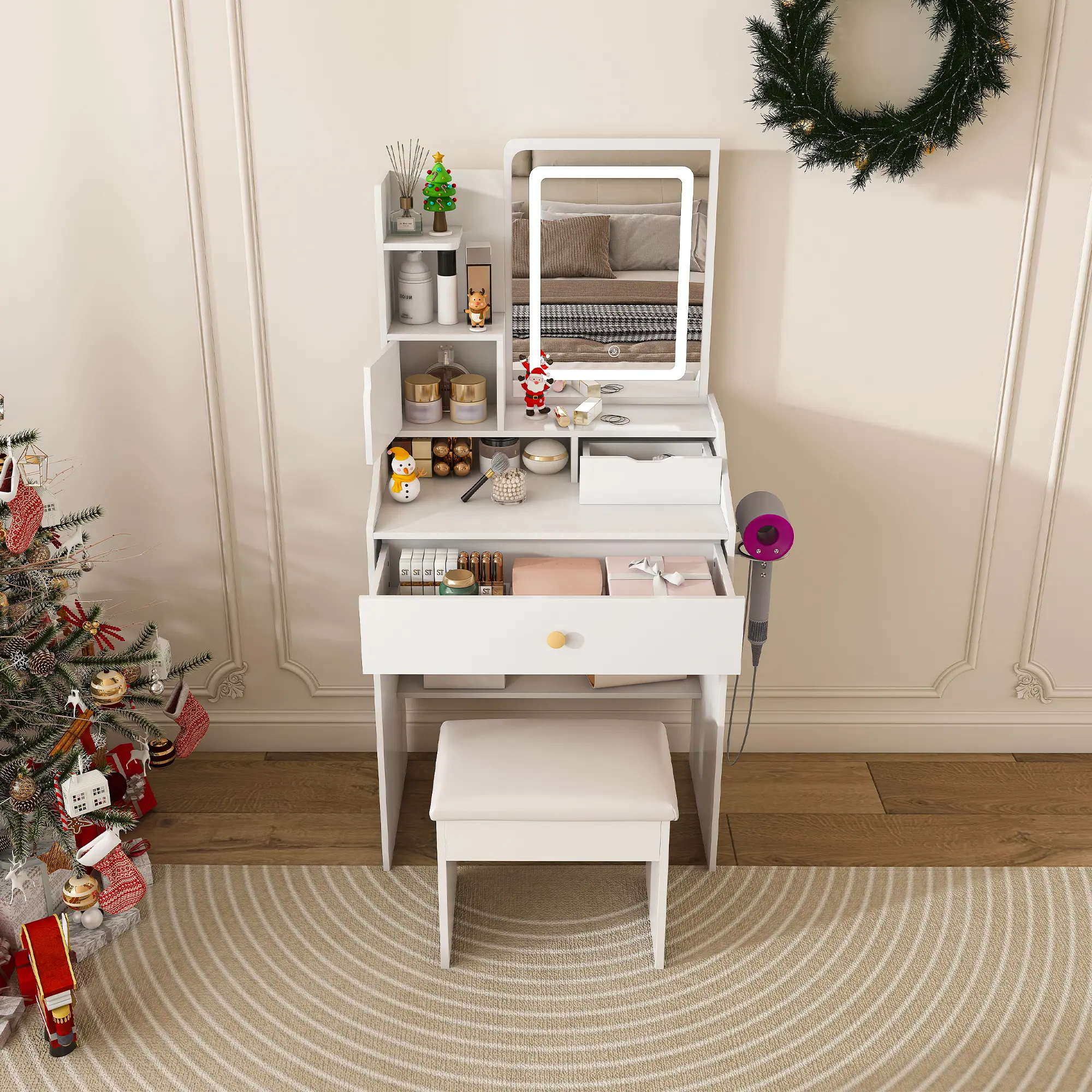 Dressing Table with 2 Drawers & 5 Storage Cabinets (4 Open + 1 Hidden), 3-Color LED Mirror Vanity Set with Stool, Adjustable Lighting Makeup Desk for Bedroom  5.