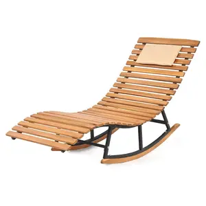 COSTWAY Outdoor Rocking Chaise, Lounge Acacia Wood Patio Lounger with Slatted Seat & S-Shaped Design, Rocking Sun Lounge with Padded Headrest, for Backyard Poolside Garden