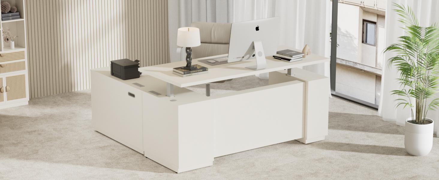 ModernMate 71" L-Shaped Executive Auto-Adjust Distraction-Free Multi-Drawer Computer Workstation Desk, White Rattan Drawers, Engineered Wood Top, Base File Cabinet, Built-In Ports, Privacy Panel, Easy Install for Home & Office, Auto-Adjust Computer Workst
