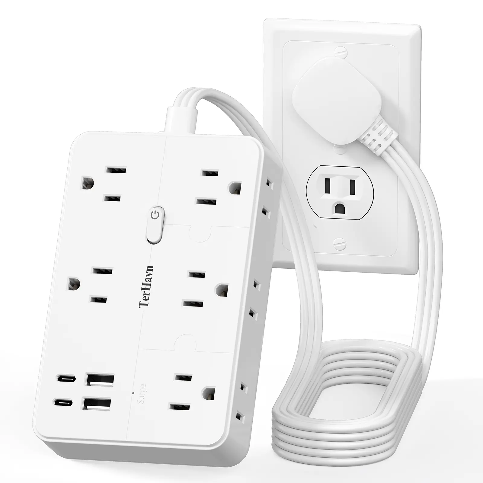 Surge Protector Power Strip Flat Extension Cord ，10 AC Outlets & 4 USB Ports(5V/3.4A 17W), 1080J ，Wall Mountable Desktop Charging Station with Flat Plug for Office Supplies and Home, White