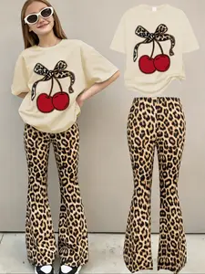 Girls' Cherry Leopard Bow Short Sleeve Fitted T-Shirt & Versatile Bell Bottoms Set, Casual Sweet Cool for All Seasons