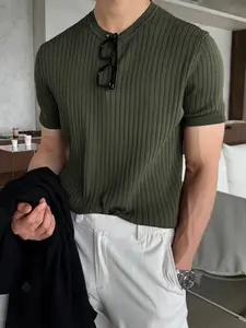 2026 Summer New Men's Military Solid Color Knitted Short Sleeve T-Shirt, Round Neck, Slim Fit, Elastic Ice Silk Underwear