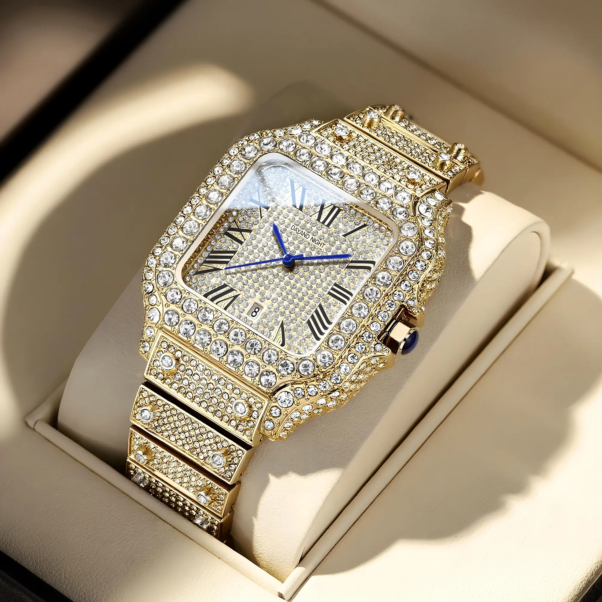 Dayand Night 2025 New Gold-Coated Iced Diamond Tennis Watch - Dual-Gender Diamond-Embellished Analog-Digital Luxurious Quartz Timepiece, Business Casual Wristwatch, Christmas Collection, Ideal for Banquets & Daily Wear, Diamond-Embellished Quartz Watches,