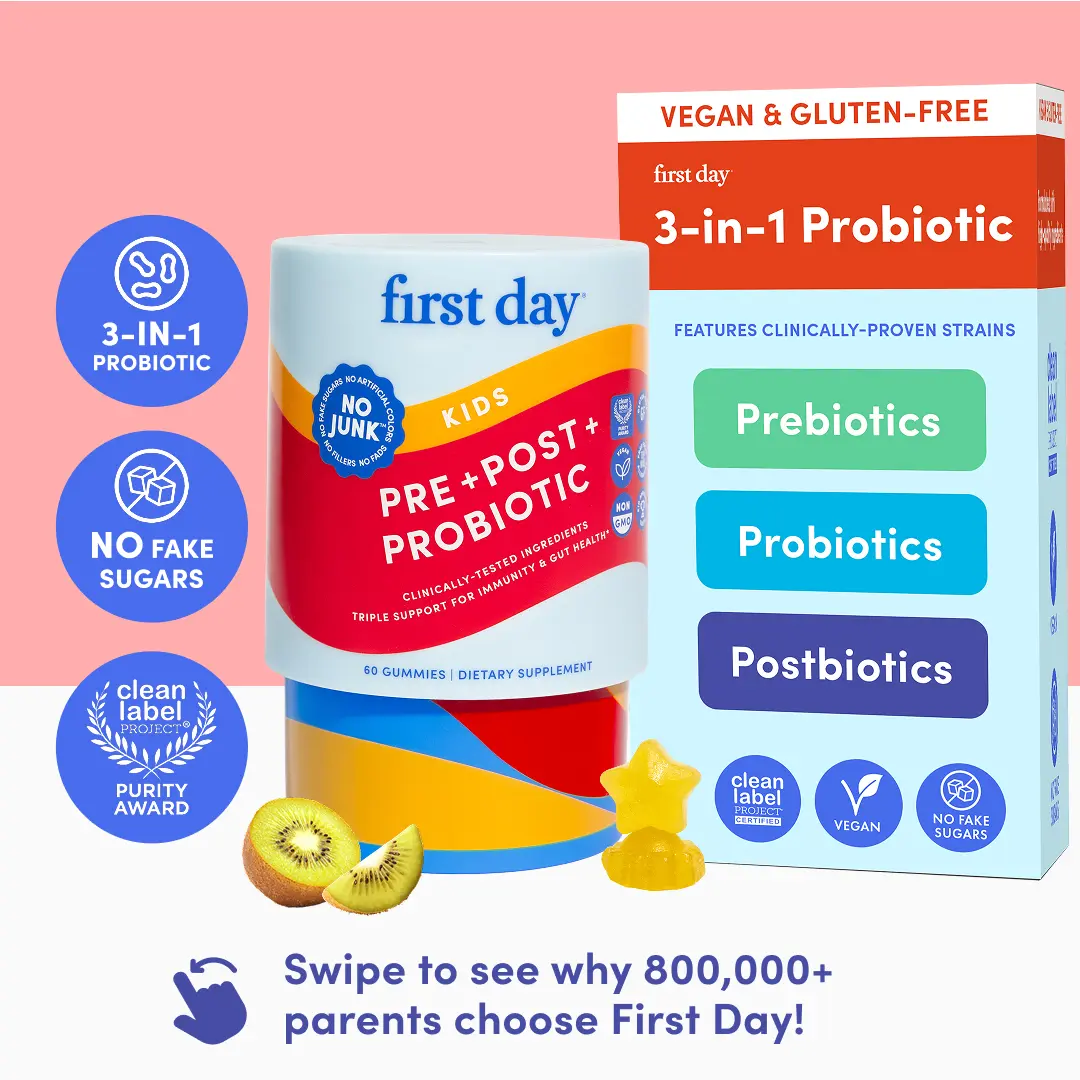 First Day Kids Tribiotic Gummies Ages 4-12, Natural Kiwi Flavor — Livaux Prebiotic, SNZ 1969 Probiotic, MCC1849 Postbiotic — Gut Health, Immunity, Oral Health, Digestion — 30-Day Supply, Vegan, Non-GMO, No Junk
