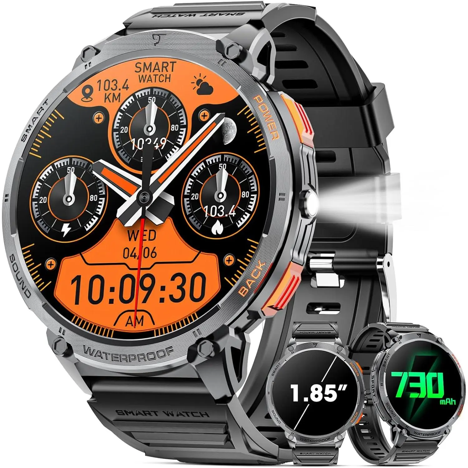 Large Screen Smartwatch with LED FlashlightSmart Watch for Men 1.85" HD Touch Screen 730mAh Battery Smart Watches with LED Flashlight for Android iOS (Bluetooth Call Answer/Dial Calls) Fitness Tracker with Heart Rate Blood