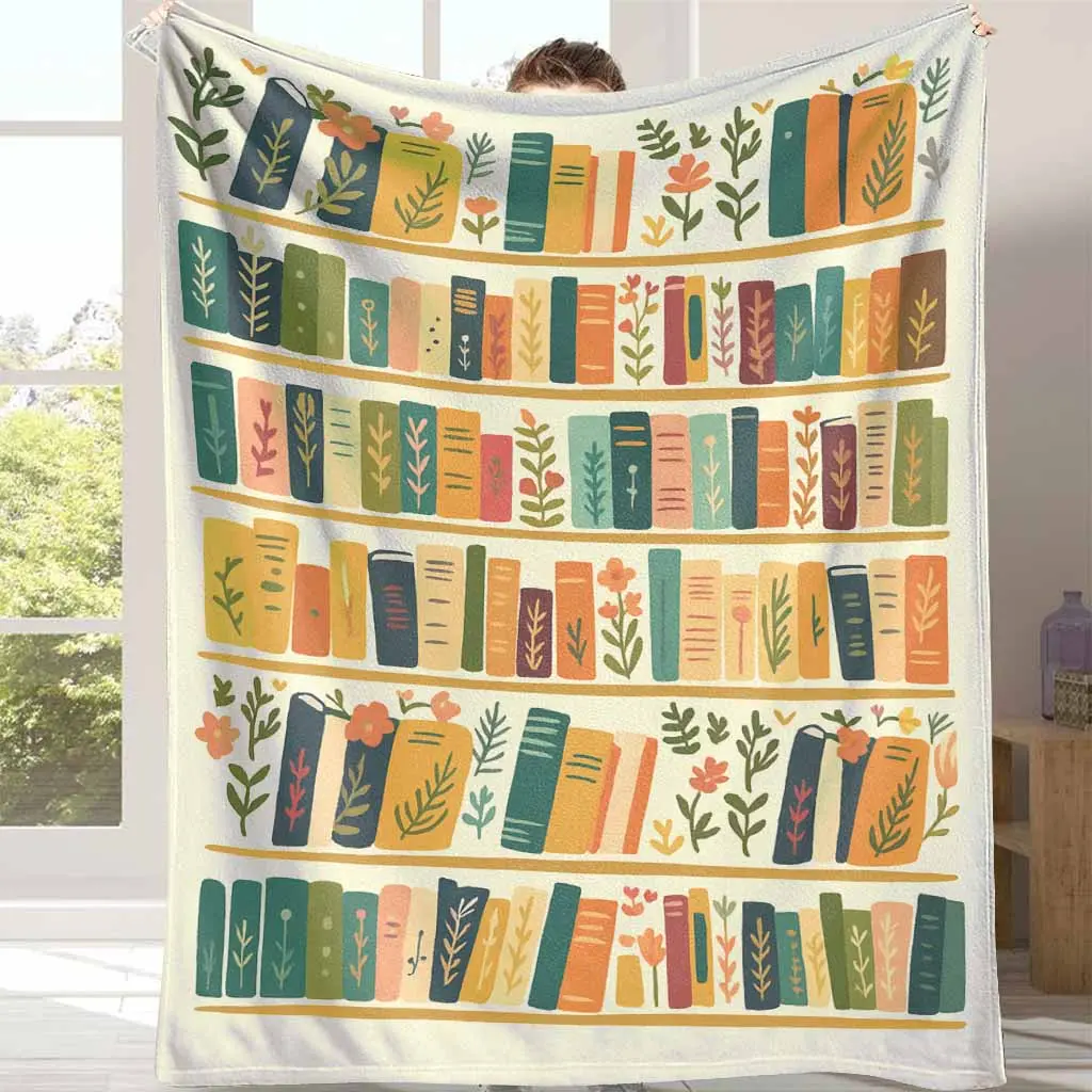 Bookshelf Library Reading Nook Flannel Throw Blanket, Cozy Book Pattern for Reader Bedrooms, Study Rooms and Home Libraries, Lightweight Sofa Accent for Quiet Evenings & Birthday Christmas Gift for Book Lovers and Teachers