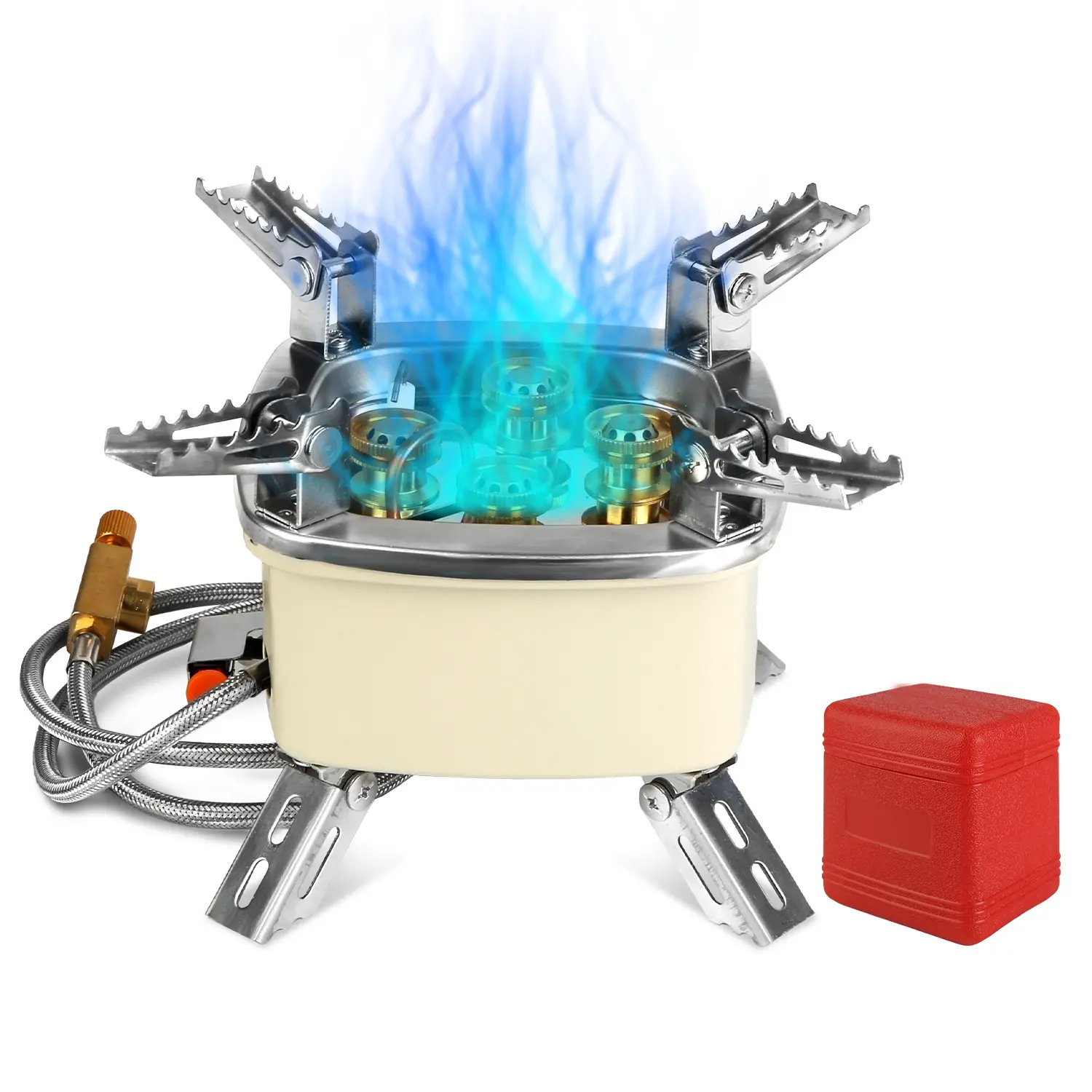 5-Burner Portable Windproof Camping Stove - 13000W, Piezo Ignition, Stepless Flame Control, Compatible with Isobutane/Propane/Butane Canisters, Ideal for Backpacking & Outdoor Cooking