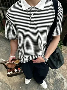 Men’s Retro Striped Collared Polo Shirt | Loose Fit Short Sleeve Tee, Breathable Mesh Fabric, Classic Black‑White Stripe Design, Casual Streetwear Top for Summer Daily Wear, Trendy Aesthetic Outfit, Versatile Fashion Essential for Guys